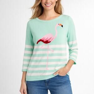 Lands End Flamingo Sweater S Supima Cotton Stripe Beach Coastal Top